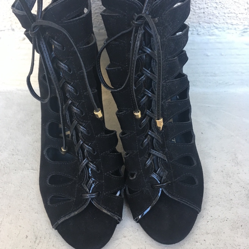 Black Faux Velvet Fabric Heels